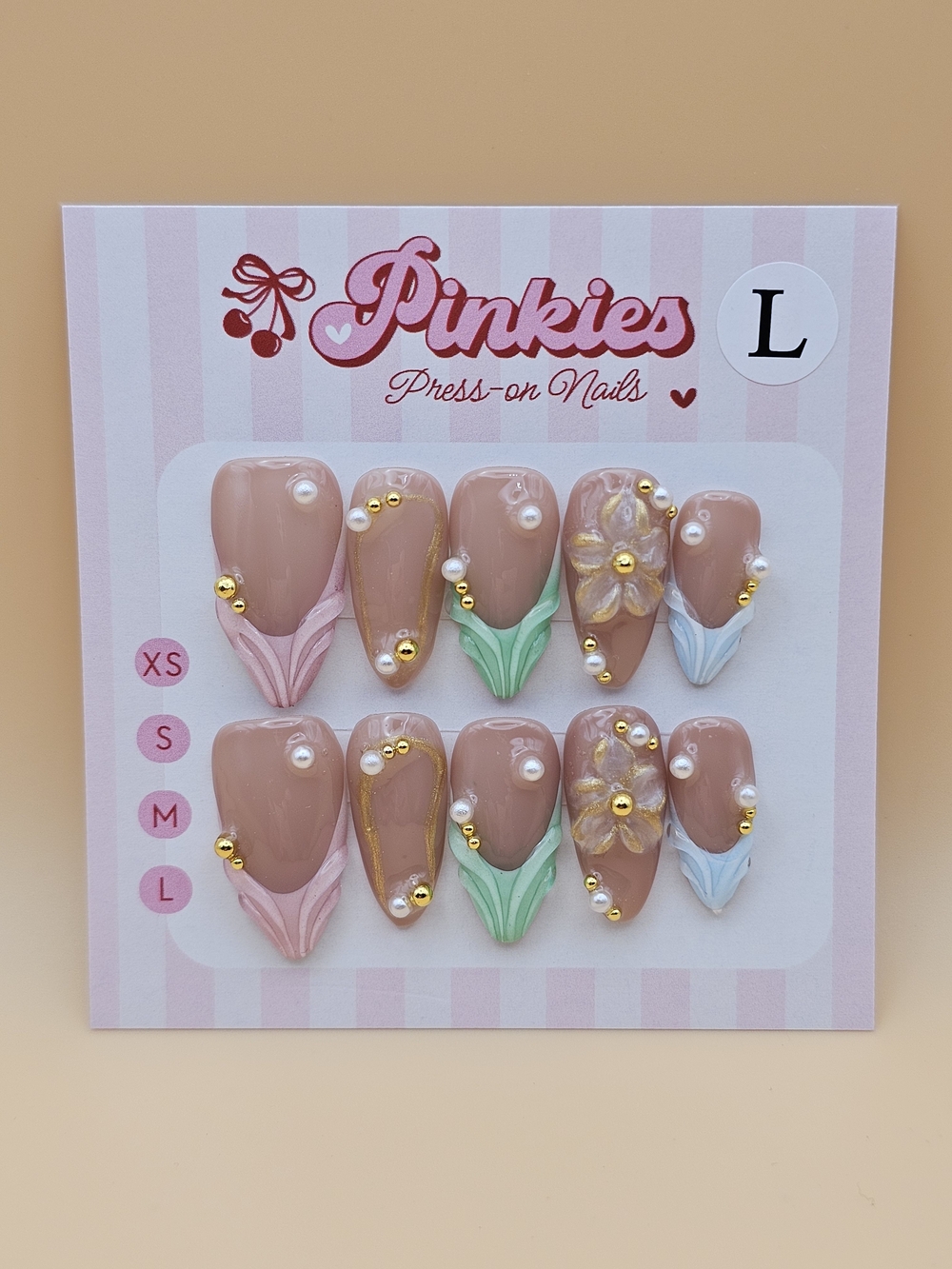 Press-on Nails Set 10pc Size L Almond Pastel Green Blue Pink French Tips Pearls